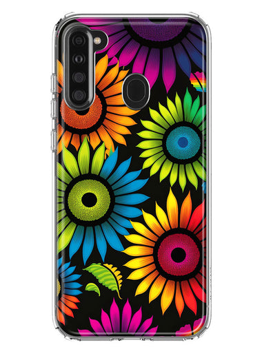 Samsung Galaxy A21 Neon Rainbow Glow Sunflowers Colorful Floral Pink Purple Double Layer Phone Case Cover