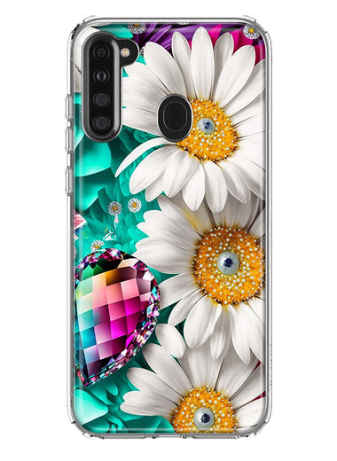 Samsung Galaxy A21 Colorful Crystal White Daisies Rainbow Gems Teal Double Layer Phone Case Cover