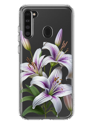 Samsung Galaxy A21 White Lavender Lily Purple Flowers Floral Hybrid Protective Phone Case Cover
