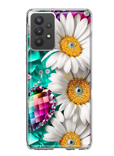Samsung Galaxy A32 Colorful Crystal White Daisies Rainbow Gems Teal Double Layer Phone Case Cover