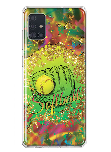Samsung Galaxy A51 5G Love Softball Girls Glove Green Tie Dye Swirl Paint Hybrid Protective Phone Case Cover