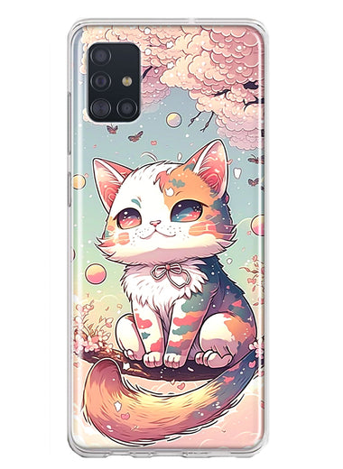 Samsung Galaxy A51 5G Kawaii Manga Pink Cherry Blossom Cute Cat Hybrid Protective Phone Case Cover