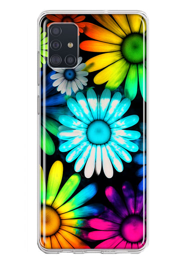 Samsung Galaxy A51 Neon Rainbow Daisy Glow Colorful Daisies Baby Blue Pink Yellow White Double Layer Phone Case Cover