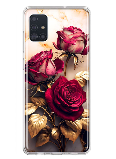 Samsung Galaxy A51 Romantic Elegant Gold Marble Red Roses Double Layer Phone Case Cover