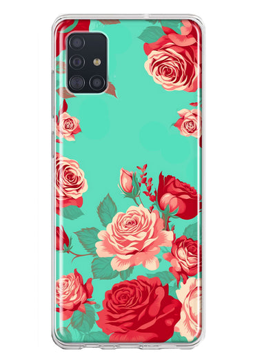 Samsung Galaxy A51 Turquoise Teal Vintage Pastel Pink Red Roses Double Layer Phone Case Cover