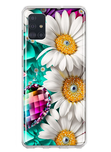 Samsung Galaxy A51 Colorful Crystal White Daisies Rainbow Gems Teal Double Layer Phone Case Cover