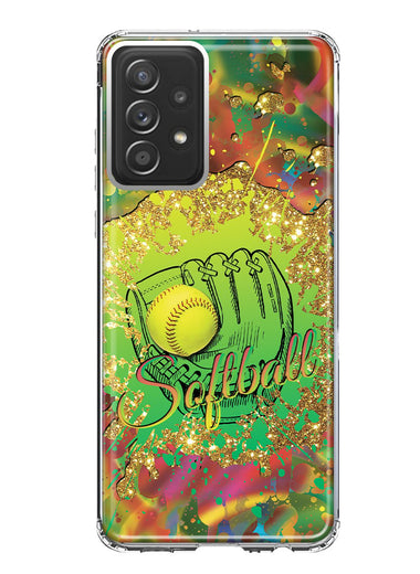 Samsung Galaxy A53 Love Softball Girls Glove Green Tie Dye Swirl Paint Hybrid Protective Phone Case Cover