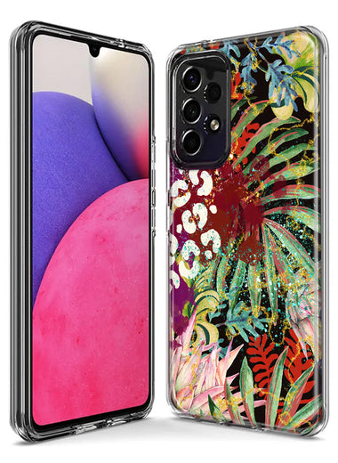 Samsung Galaxy A14 Leopard Tropical Flowers Vacation Dreams Hibiscus Floral Hybrid Protective Phone Case Cover