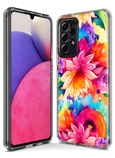 Samsung Galaxy A20 Watercolor Paint Summer Rainbow Flowers Bouquet Bloom Floral Hybrid Protective Phone Case Cover