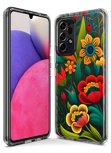 Samsung Galaxy Z Flip 4 Colorful Red Orange Folk Style Floral Vibrant Spring Flowers Hybrid Protective Phone Case Cover