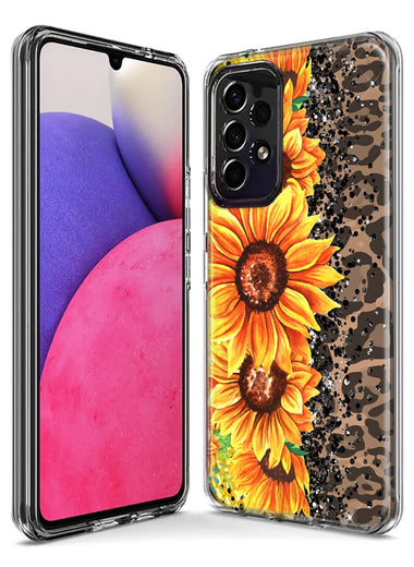 Samsung Galaxy A12 Yellow Summer Sunflowers Brown Leopard Honeycomb Hybrid Protective Phone Case Cover