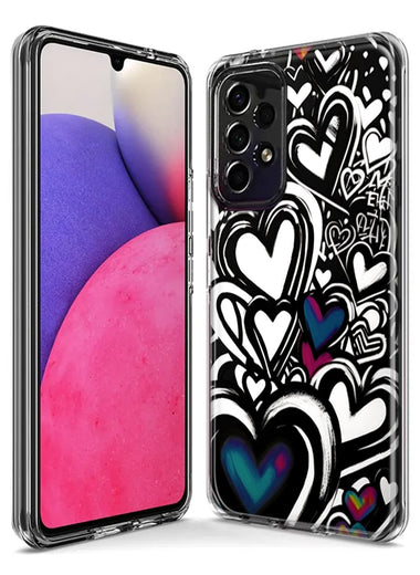 Samsung Galaxy A54 Black White Hearts Love Graffiti Hybrid Protective Phone Case Cover
