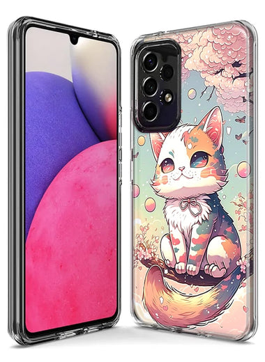 Samsung Galaxy A72 Kawaii Manga Pink Cherry Blossom Cute Cat Hybrid Protective Phone Case Cover