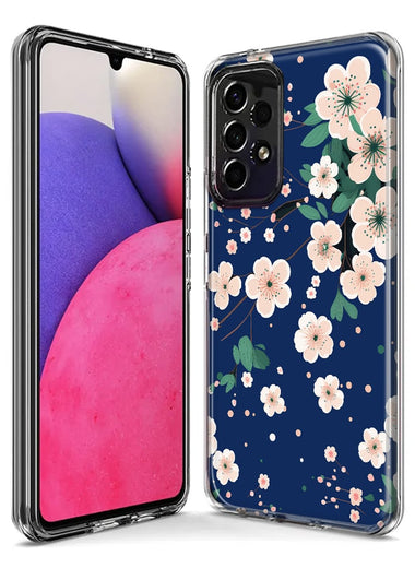 Samsung Galaxy A12 Kawaii Japanese Pink Cherry Blossom Navy Blue Hybrid Protective Phone Case Cover