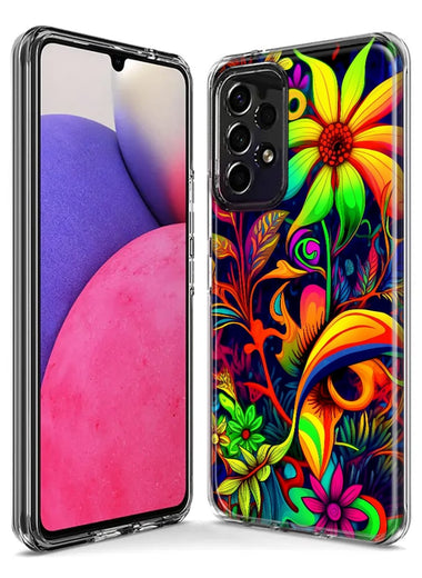Samsung Galaxy A22 5G Neon Rainbow Psychedelic Trippy Hippie Daisy Flowers Hybrid Protective Phone Case Cover