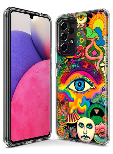 Samsung Galaxy A02S Neon Rainbow Psychedelic Trippy Hippie Multiple Eyes Hybrid Protective Phone Case Cover