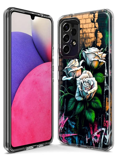 Samsung Galaxy A22 5G White Roses Graffiti Wall Art Painting Hybrid Protective Phone Case Cover