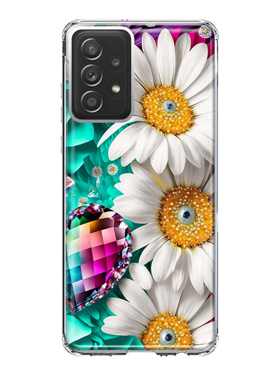 Samsung Galaxy A52 Colorful Crystal White Daisies Rainbow Gems Teal Double Layer Phone Case Cover