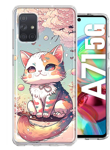 Samsung Galaxy A71 5G Kawaii Manga Pink Cherry Blossom Cute Cat Hybrid Protective Phone Case Cover