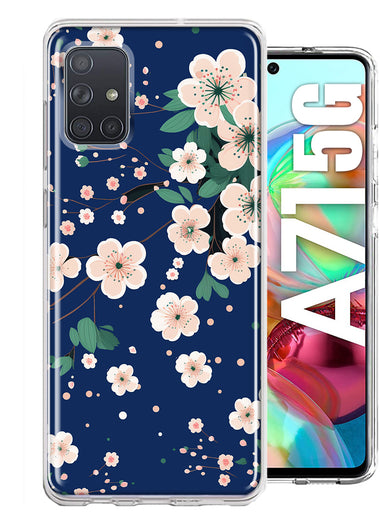Samsung Galaxy A71 4G Kawaii Japanese Pink Cherry Blossom Navy Blue Hybrid Protective Phone Case Cover