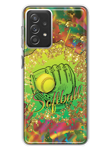 Samsung Galaxy A72 Love Softball Girls Glove Green Tie Dye Swirl Paint Hybrid Protective Phone Case Cover