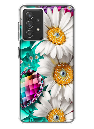 Samsung Galaxy A72 Colorful Crystal White Daisies Rainbow Gems Teal Double Layer Phone Case Cover