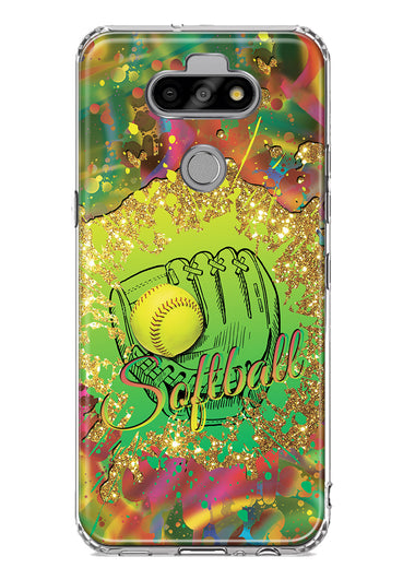 LG Aristo 5 Love Softball Girls Glove Green Tie Dye Swirl Paint Hybrid Protective Phone Case Cover