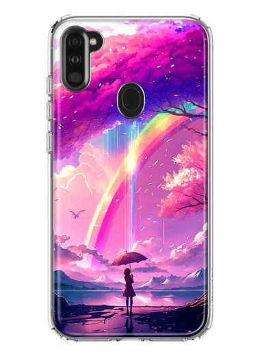 Samsung Galaxy A11 Kawaii Manga Pink Cherry Blossom Japanese Rainbow Girl Hybrid Protective Phone Case Cover
