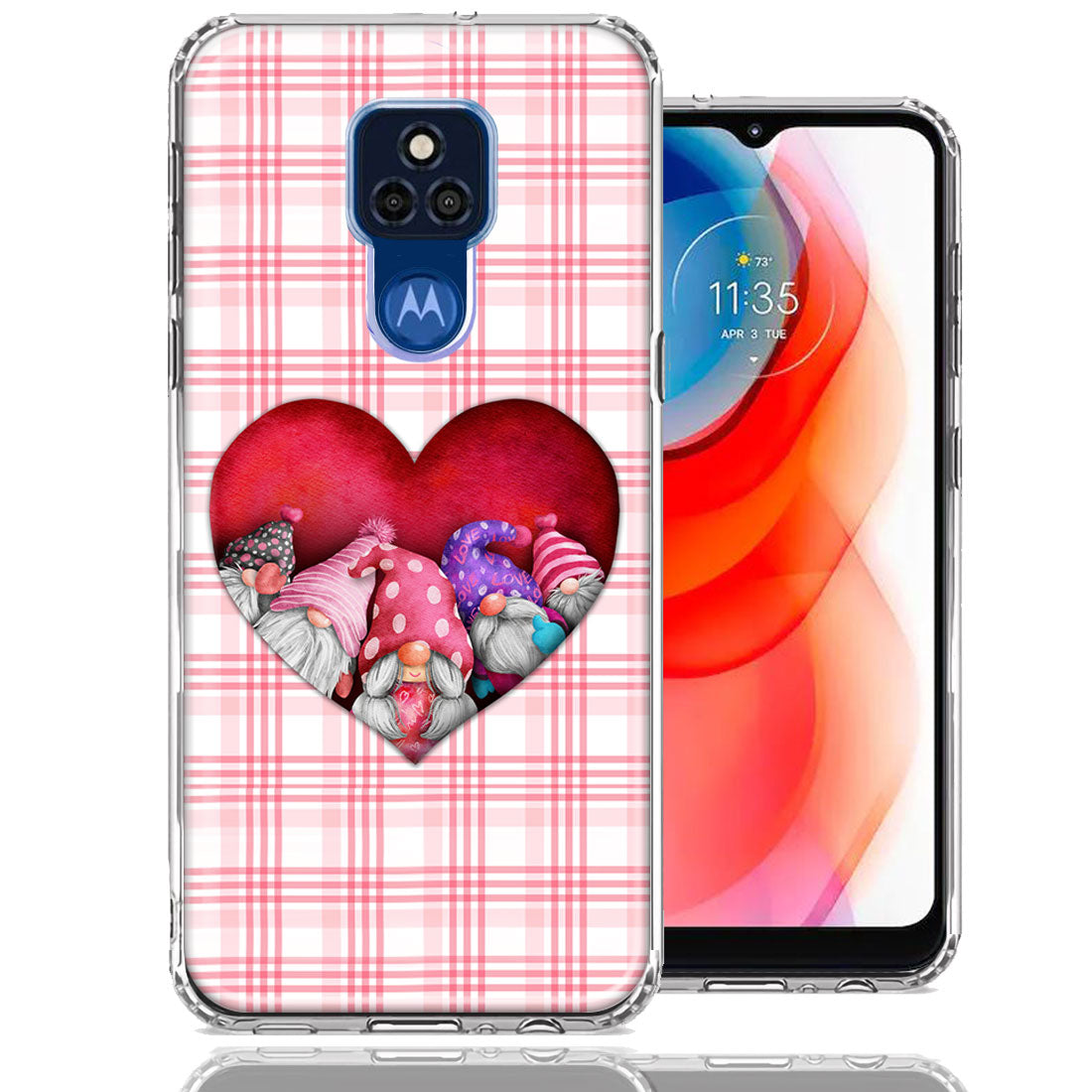 For Motorola Moto G Play 2021 Valentine s Day Garden Gnomes Heart Love Pink Plaid Double Layer Phone Case Cover