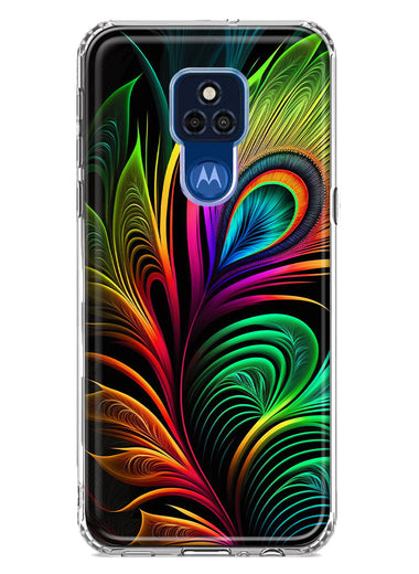 Motorola Moto G Play 2021 Neon Rainbow Glow Peacock Feather Hybrid Protective Phone Case Cover