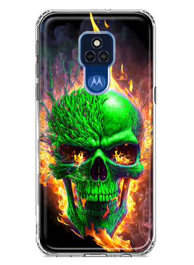 Motorola Moto G Play 2021 Green Flaming Skull Burning Fire Double Layer Phone Case Cover