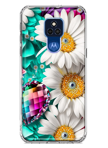 Motorola Moto G Play 2021 Colorful Crystal White Daisies Rainbow Gems Teal Double Layer Phone Case Cover