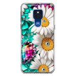Motorola Moto G Play 2021 Colorful Crystal White Daisies Rainbow Gems Teal Double Layer Phone Case Cover