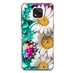 Motorola Moto G Power 2021 Colorful Crystal White Daisies Rainbow Gems Teal Double Layer Phone Case Cover