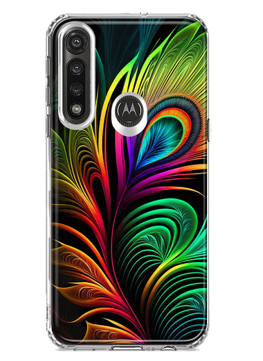Motorola Moto G Power Neon Rainbow Glow Peacock Feather Hybrid Protective Phone Case Cover