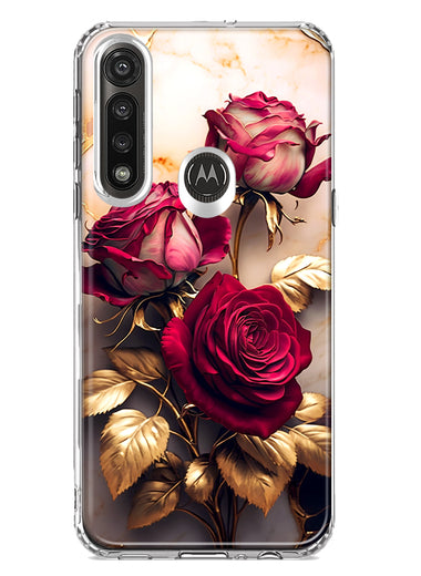 Motorola Moto G Power Romantic Elegant Gold Marble Red Roses Double Layer Phone Case Cover