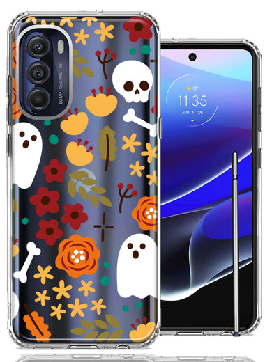 Motorola Moto G Stylus 5G 2022 Spooky Season Fall Autumn Flowers Ghosts Skulls Halloween Double Layer Phone Case Cover