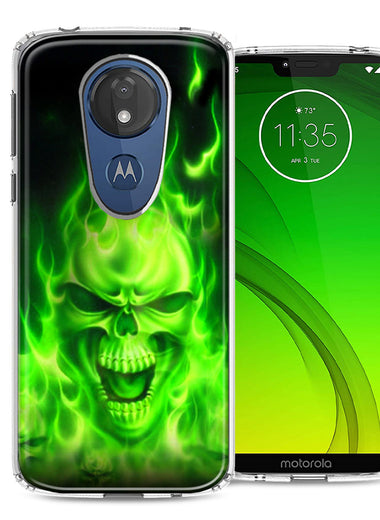 Motorola Moto G7 Power SUPRA Green Flaming Skull Design Double Layer Phone Case Cover