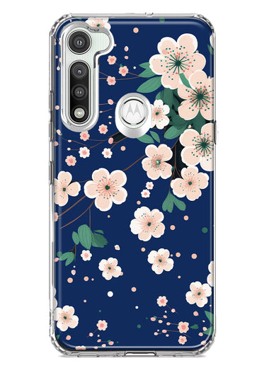 Motorola Moto G Fast Kawaii Japanese Pink Cherry Blossom Navy Blue Hybrid Protective Phone Case Cover