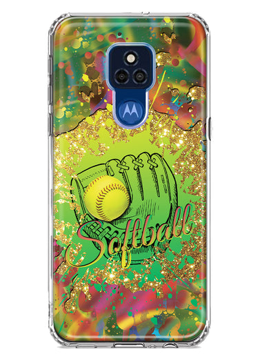 Motorola Moto G Play 2021 Love Softball Girls Glove Green Tie Dye Swirl Paint Hybrid Protective Phone Case Cover