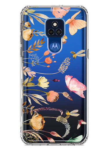 Motorola Moto G Play 2021 Peach Meadow Wildflowers Butterflies Bees Watercolor Floral Hybrid Protective Phone Case Cover