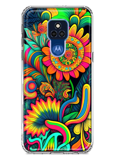 Motorola Moto G Play 2021 Neon Rainbow Psychedelic Indie Hippie Sunflowers Hybrid Protective Phone Case Cover