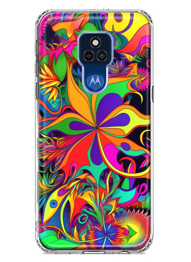 Motorola Moto G Play 2021 Neon Rainbow Psychedelic Hippie Wild Flowers Hybrid Protective Phone Case Cover