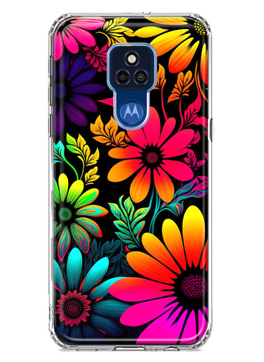 Motorola Moto G Play 2021 Neon Rainbow Glow Colorful Abstract Flowers Floral Hybrid Protective Phone Case Cover
