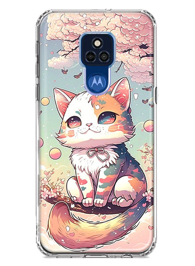 Motorola Moto G Play 2021 Kawaii Manga Pink Cherry Blossom Cute Cat Hybrid Protective Phone Case Cover