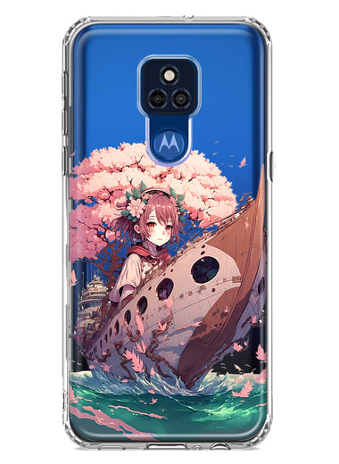 Motorola Moto G Play 2021 Kawaii Manga Pink Cherry Blossom Japanese Girl Boat Hybrid Protective Phone Case Cover