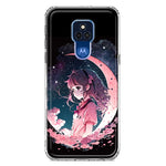 Motorola Moto G Play 2021 Kawaii Manga Pink Cherry Blossom Dreaming Moon Girl Hybrid Protective Phone Case Cover