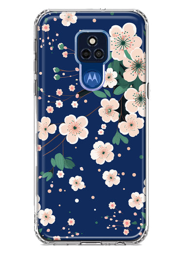 Motorola Moto G Play 2021 Kawaii Japanese Pink Cherry Blossom Navy Blue Hybrid Protective Phone Case Cover