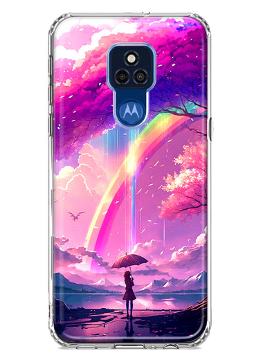 Motorola Moto G Play 2021 Kawaii Manga Pink Cherry Blossom Japanese Rainbow Girl Hybrid Protective Phone Case Cover