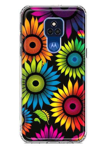 Motorola Moto G Play 2021 Neon Rainbow Glow Sunflowers Colorful Floral Pink Purple Double Layer Phone Case Cover